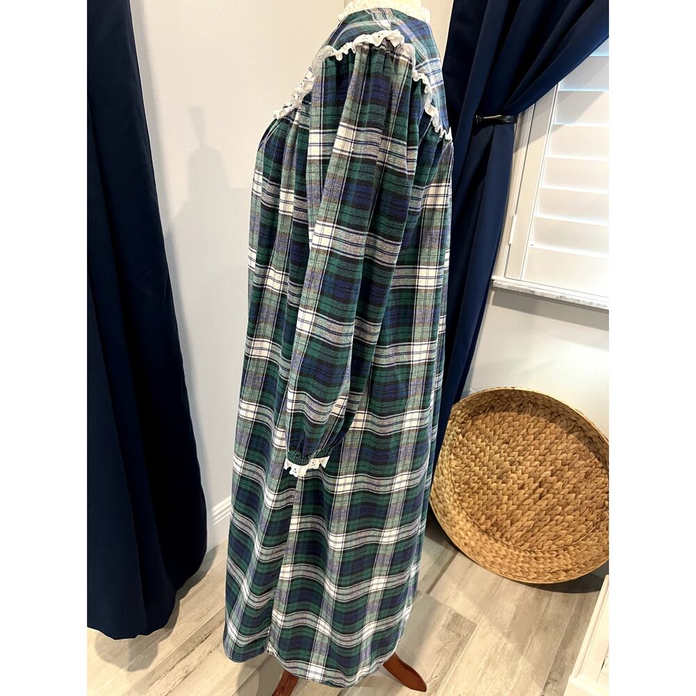 LANZ OF SALZBURG Blue and Green Plaid Long Flannel Nightgown Prairie Med. Cotton - Picture 5 of 11